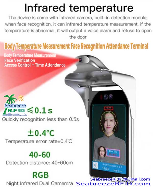具有體溫檢測功能的動態面部讀取器, 體溫測量人臉識別考勤機, 從海風智能卡有限公司.